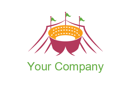 circus tent with flags around event logo