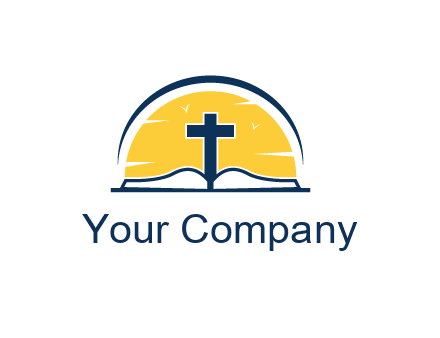 cross and bible in front of sun logo