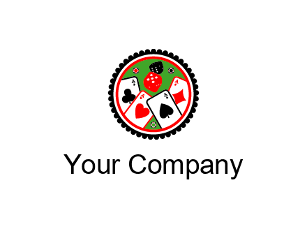 aces of cards, poker or casino chips and dice inside circular gambling logo