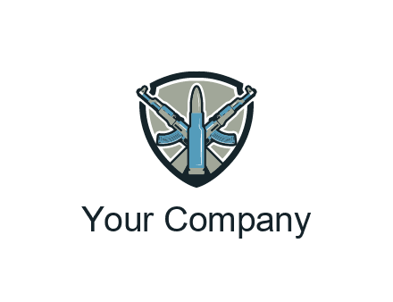 badge shape logo with a bullet and two AK-47 rifles crossed