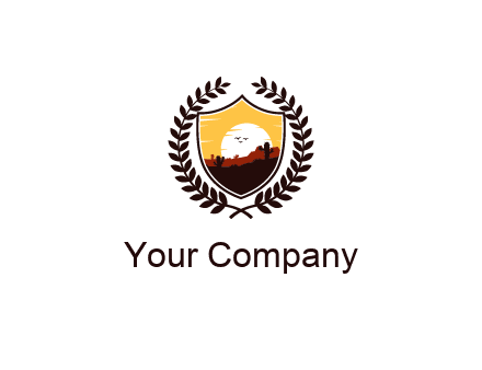 desert and setting sun inside a badge shaped vector surrounded by a wreath