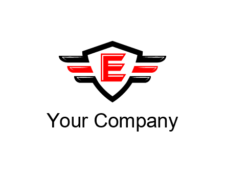letter E in a shield over 3 stripes