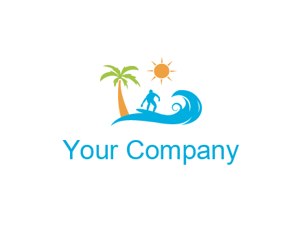 surfer surfing on wave with palm tree and sun