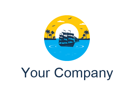 sun and palm trees behind ship in circle