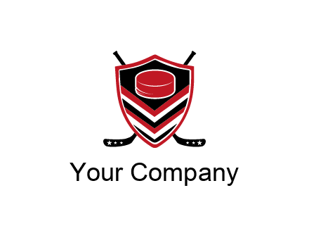 hockey sticks behind shield with hockey puck