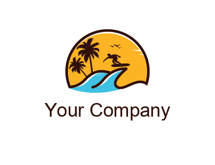 sun behind surfer surfing on waves and palm trees