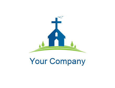 church in field with trees and bird