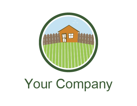 farmhouse with farm and fence in circle frame