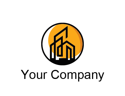 line art building in circle with sun construction logo