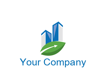 buildings with arrow in leaf real estate logo