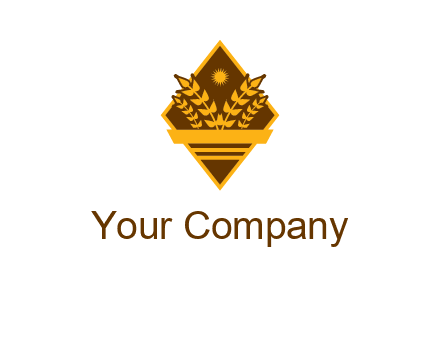 wheat stalks and sun in rhombus with ribbon agriculture logo