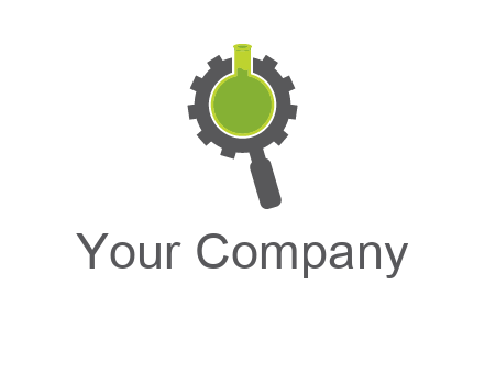 flask inside gear magnifying glass research engineering logo