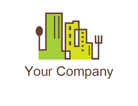 upright fork spoon and buildings catering logo