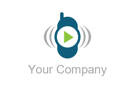 play button inside cell phone with communication signals logo
